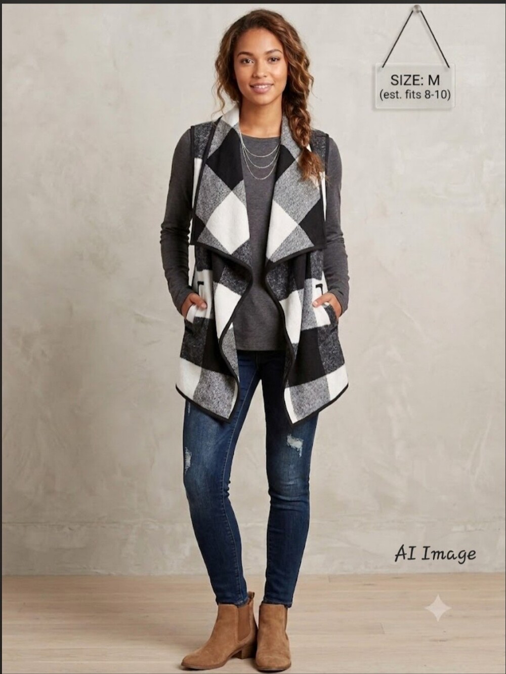 Black & White Plaid/Buffalo Check Open-Front Vest